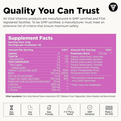 Vital Vitamins Vegan Collagen Booster Powder - Made with Amino Acids, Silica, Hyaluronic Acid, & Botanical Extracts - Plant-Based - Mango Raspberry Lemonade Flavor - Hair, Skin, Nails - 30 Servings