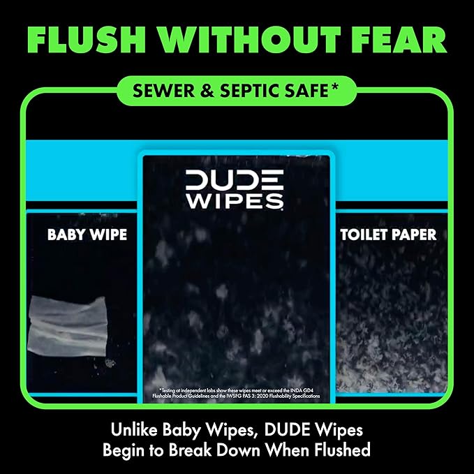 DUDE Wipes Herbal Relief Flushable Wipes - Extra-Large Adult Wet Wipes - 3 Pack (144 Count) - Infused with Soothing Witch Hazel, Geranium Essential Oils, Vitamin E, and Aloe - Septic and Sewer Safe