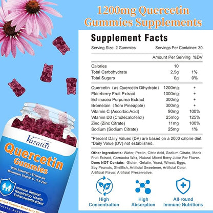 Quercetin with Bromelain Gummies, Quercetin with Vitamin C Zinc & Elderberry for Immune System & Allergy, Chewable & Vegan Gummies, 60 Cts