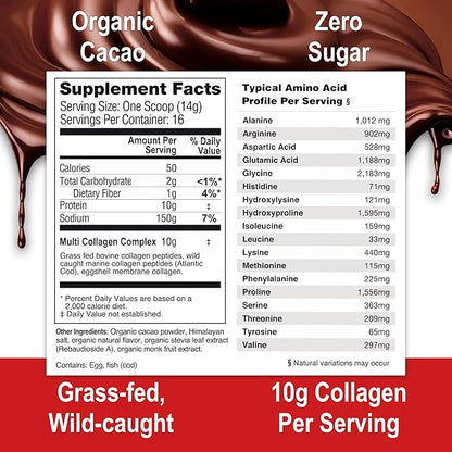 Mama Natural Hot Chocolate Multi Collagen Protein Powder, Made with Organic Cacao, Types 1, 2, 3, 4, 5, 10 Collagen Peptides Powder - Grass Fed Beef, Wild Fish Marine & USA Eggshell - 16 Servings