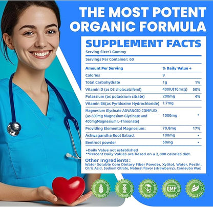 Potassium Magnesium Gummies,Potassium Supplement w/Ashwagandha,High Absorption Magnesium Glycinate,B6,D3,Potassium Citrate for Leg Cramps,Muscle,Electroyte for Adults Kids,Sugar-Free, 60 Gummies