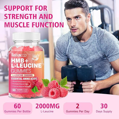 MEENCCD HMB and L-Leucine Gummies, HMB and Leucine Amino Acid for Muscle Growth, Muscle Maintenance, and Muscle Comfort, for Men & Women, Sugar-Free, Raspberry Flavor, 60 Count