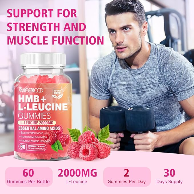 MEENCCD 2 Pack HMB and L-Leucine Gummies, HMB and Leucine Amino Acid for Muscle Growth, Muscle Maintenance, and Muscle Function, for Men & Women, Sugar-Free, Raspberry Flavor, 120 Count