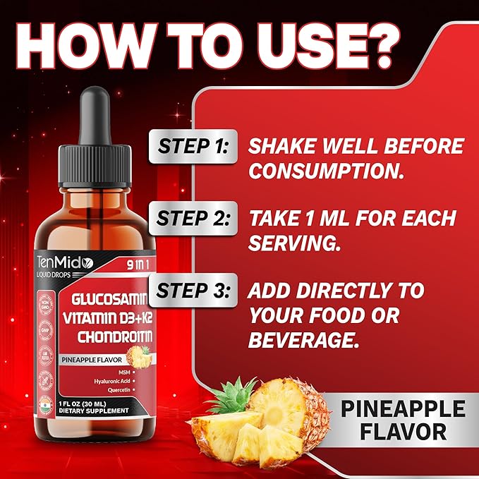 Glucosamine Chondroitin MSM Liquid Drops - 9in1 with Vitamin D3, Vitamin K2, Hyaluronic Acid, Quercetin, Boswellia, and Bromelain - Vegan, Non-GMO - 30ml 1 Fl Oz
