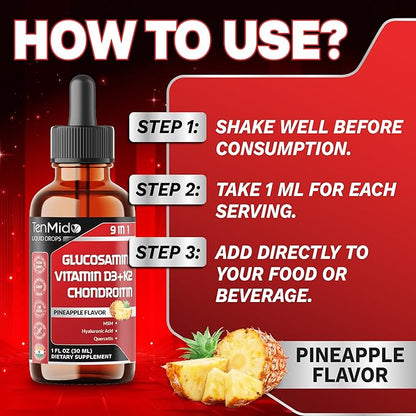 Glucosamine Chondroitin MSM Liquid Drops - 9in1 with Vitamin D3, Vitamin K2, Hyaluronic Acid, Quercetin, Boswellia, and Bromelain - Vegan, Non-GMO - 30ml 1 Fl Oz