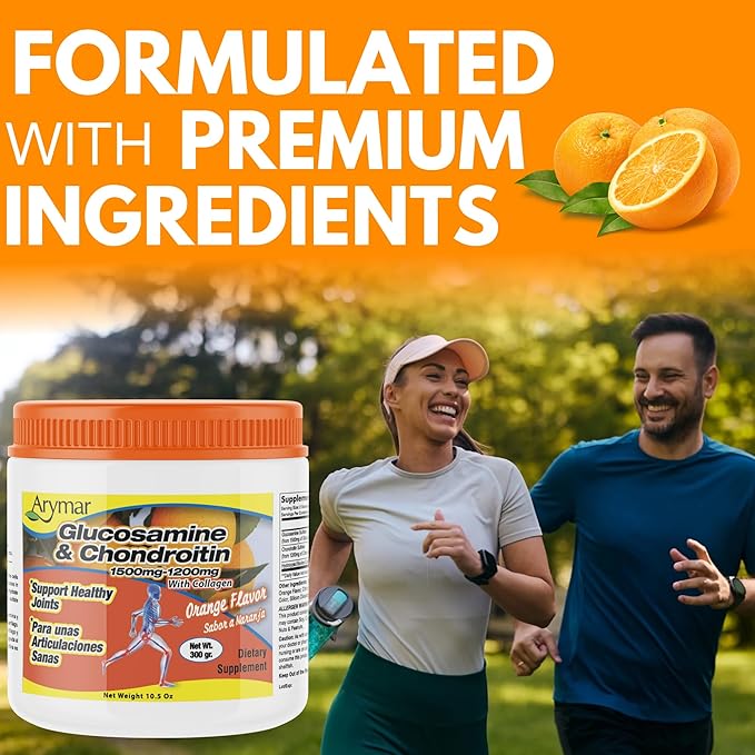 Arymar Glucosamine Chandroitin Powder (1500mg/1200mg) - Joint Health Support Supplement - Helps Maintain Mobility & Flexibility - High Absorption Formula - 300g (10.5 oz) (2, 20.3)