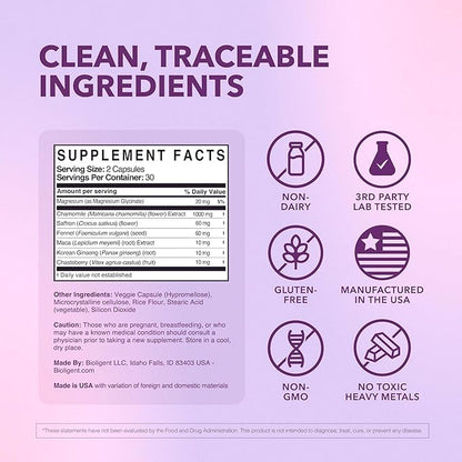 Menopause Support Supplement for Women, Hot Flash, Sleep, Mood & Focus Support, Hormone-Free with Maca, Ginseng, Chamomile & Saffron, Non-GMO, 60 Capsules, 30 Day Supply