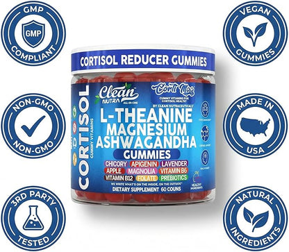 Clean Nutra Cortisol Supplement Gummies L-Theanine Magnesium Ashwagandha Apigenin Vitamin B6 Sleep and Calm Support Lavender Chicory Prebiotic Advanced Gummy Formula