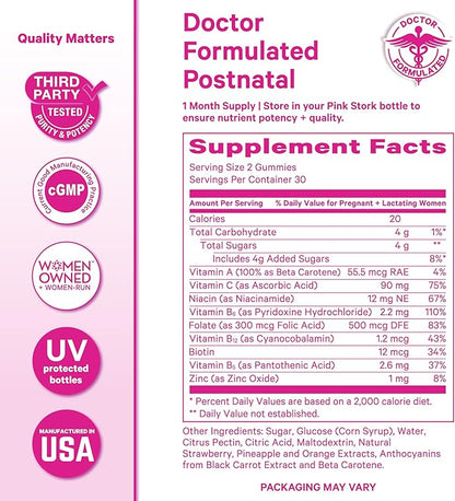Pink Stork Total Postnatal Vitamin Gummies - Multivitamin for Postpartum Recovery and Lactation Support - Folic Acid, B6, & Vitamin C - Postpartum Essentials - 60 Gummy Vitamins