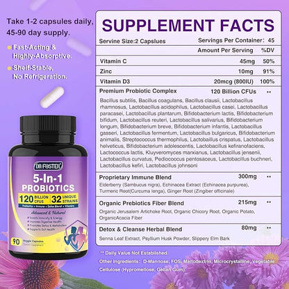 DRFOSTER Probiotics for Women & Men Digestive Health，120 Billion CFUs, Prebiotics and Probiotics for Gut Health, D3, Zinc & Immune Support Herbs, Detox Cleanse, 45 Day - 3 Month Supply