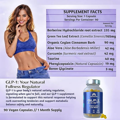 GLP-1 AXIS | Appetite Suppressant for Weight Loss & Natural GLP-1 Supplement for Weight Management, Odorless 8 in 1 Formula with Berberine & Green Tea Extract for Daily Energy Focus, Vegan, 90 Caps