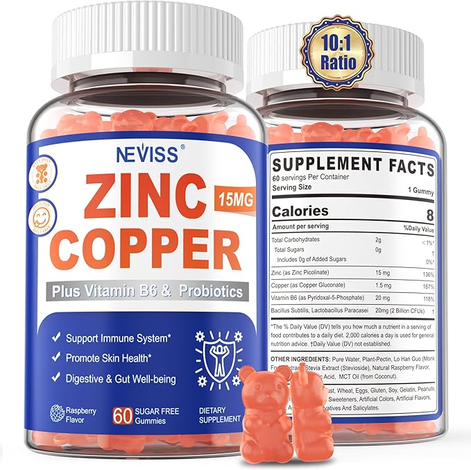 Zinc Picolinate Gummies with Copper + Probiotics, Vitamin B6 for Max Absorption, Zinc Supplements for Men and Women, Two Essential Minerals Balance Formula for Immunity and Gut Health, Vegan, 60 Cts