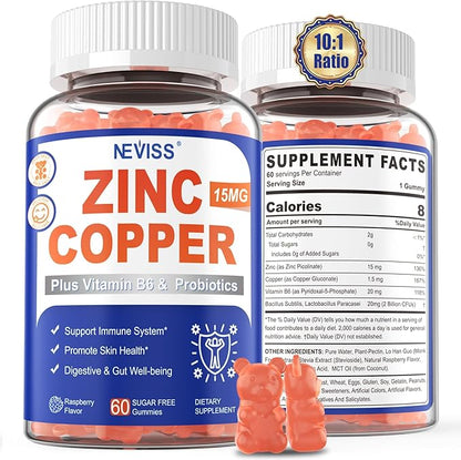 Zinc Picolinate Gummies with Copper + Probiotics, Vitamin B6 for Max Absorption, Zinc Supplements for Men and Women, Two Essential Minerals Balance Formula for Immunity and Gut Health, Vegan, 60 Cts