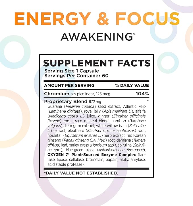 Awakening Natural Energy & Focus Supplement with Panax Ginseng, Guarana Extract & Chromium Picolinate | Brain Supplement for Focus, Energy, Mood & Clarity | Gluten Free Veggie, USA - 60 Caps