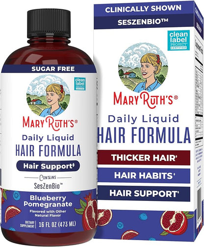MARYRUTH'S Daily Liquid Hair Formula | With 500 mg SesZenBio™ + 2,500 mcg Biotin | Vitamin C | Thicker, Stronger Hair for Women | Hair, Skin, & Nail Health | Collagen Production | 16 Fl Oz