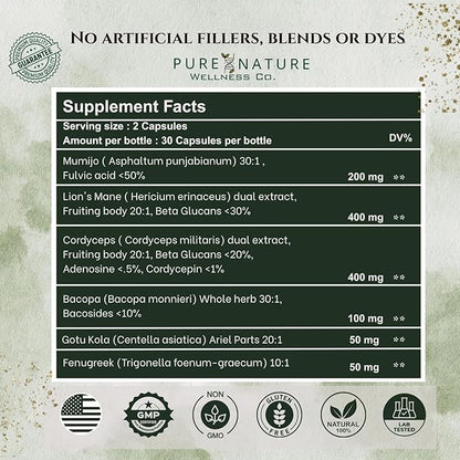 Focus + Energy + Performance Support-6-in-1 Mushroom Nootropic & Mitochondrial Complex-Advanced Brain Supplement-Natural Energy-Caffeine Free Biohack with Lion’s Mane,Cordyceps,Mumijo,Fenugreek