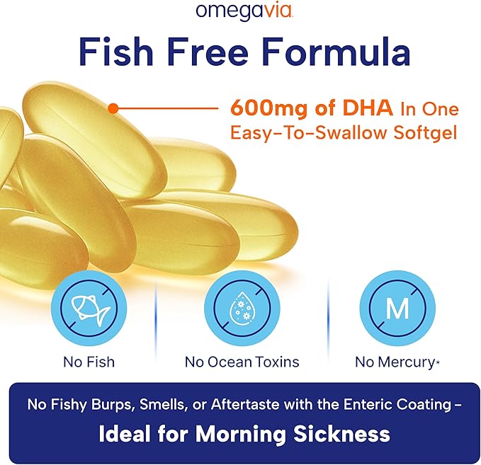 OmegaVia Prenatal DHA 600mg | Fish-Free Omega-3 Supplement | Supports Baby’s Brain, Eye & Nervous System Development | Safe for Pregnancy & Lactation | 30 Easy-to-Swallow Softgels