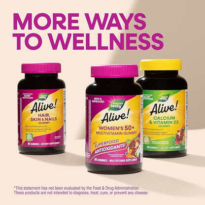Nature’s Way Alive! Women’s 50 Plus Multivitamin Gummy, Daily Chewable Multivitamins with B-Vitamins, Vitamin D3, Calcium, Supports Heart, Brain & Bone Health,* Mixed Berry Flavored, 130 Count