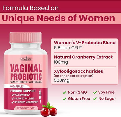 NEW AGE Vaginal Probiotics for Women with Prebiotics, Cranberry Extract, and a Lactobacillus Probiotic Blend, Supports Healthy pH Balance, Odor Control, Vaginal Flora - 120 Capsules