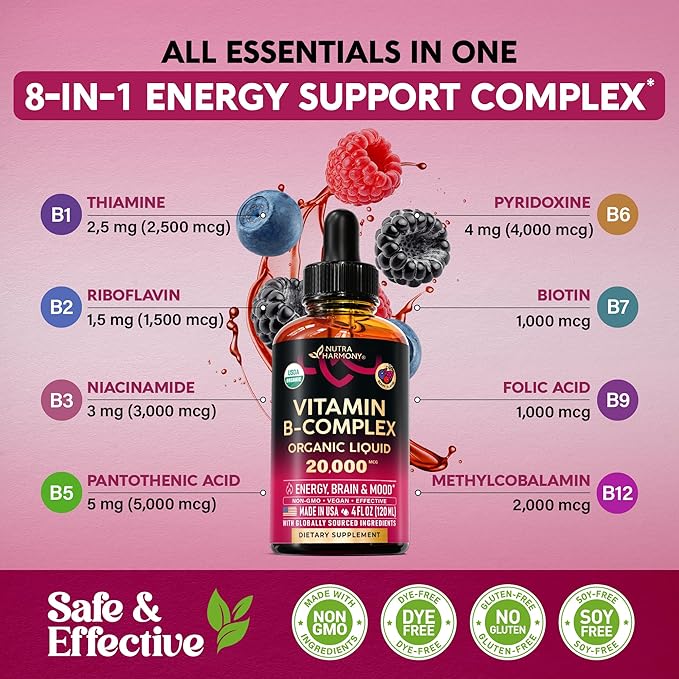 USDA Organic Vitamin B-Complex B5 Pantothenic Acid | B12 Methylcobalamin | B1 Thiamine | B6 Pyridoxine | B7 Biotin | B9 Folic | B3 Niacinamide - B Complex Liquid Drops, Made in USA Supplement, 4fl oz