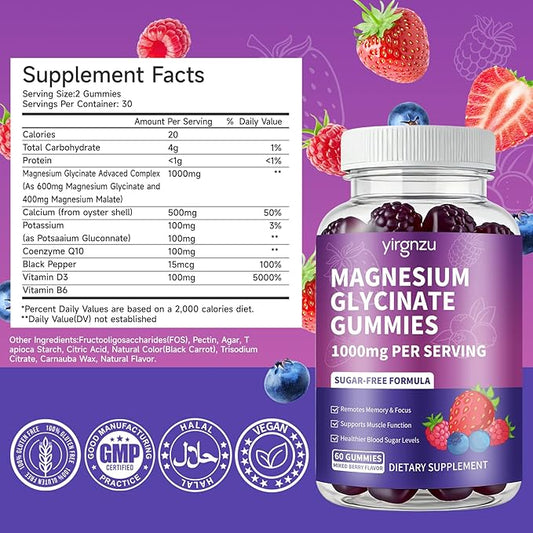 Magnesium Glycinate Gummies 1000mg, Sugar Free Magnesium Potassium Supplement with Vitamin D, B6, CoQ10 for Sleep Support, Stress & Muscle Relief - 120 Mixed Berry Flavored Gummies