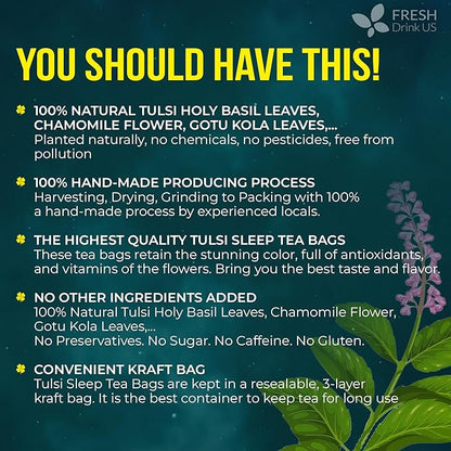 FreshDrinkUS, Tulsi Sleep Tea Bags | 75 Tea Bags | Herbal Blend with Tulsi Holy Basil, Chamomile, Gotu Kola, Ashwagandha & Peppermint | Naturally Caffeine-Free, Relaxing Evening Herbal Tea. Vegan