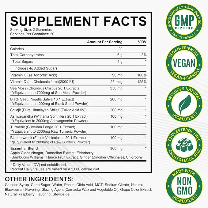 Sea Moss Gummies, Sea Moss, Bladderwrack, Ashwagandha, Burdock Root, Energy, Immune Support, 60 Vegan Gummies