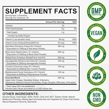 Sea Moss Gummies, Sea Moss, Bladderwrack, Ashwagandha, Burdock Root, Energy, Immune Support, 60 Vegan Gummies