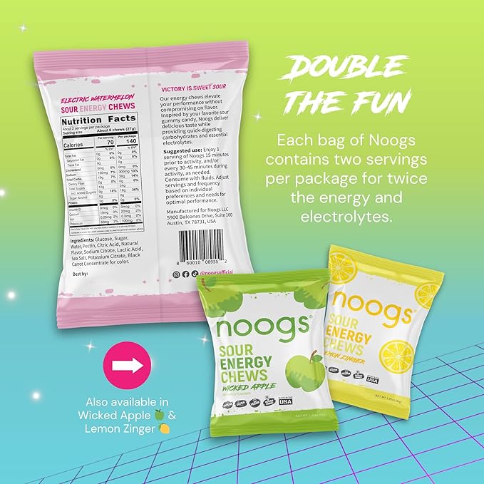 Noogs Sour Energy Chews, Electric Watermelon Electrolyte Energy Gummies, Sour Candy Flavored Alternative to Running Gels, Vegan, Gluten Free & Caffeine Free, 12 Pack