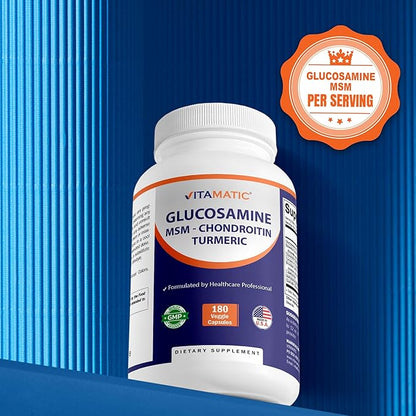 Vitamatic Glucosamine Chondroitin MSM 180 Veggie Capsules – Joint Support Supplement for Women & Men – Shellfish Free, Non-GMO