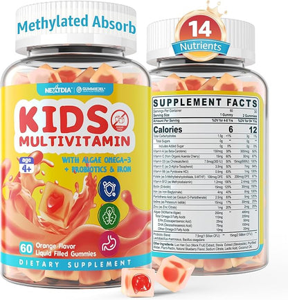 Kids Multivitamin Gummies with Iron, Sugar Free, Kids Daily Vitamins + Probiotics, Algae Omega 3 (EPA/DHA), A, C, D, Methyl B12, Folate, B6, Zinc, Biotin, for Healthy Growth, Immune Support, 60 Count