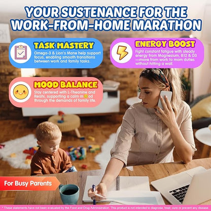 Focus Gummies for Kids & Adults, w/Magnesium Glycinate, Omega-3 DHA, Lion's Mane, L-Theanine, Methyl B12 & Vitamin D3, Brain Supplement Support Calm, Sleep, Attention, Concentration and Memory, 60Cts