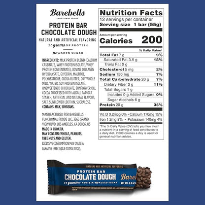 Barebells Protein Bars Chocolate Dough - 12 Count, 20g High Protein Treats - Chocolate Nutrition Bar with 1g Total Sugars - On-The-Go Breakfast or Post-Workout Snack