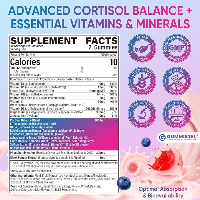 Cortisol Gummies for Women & Men, 19-IN-1 High Cortisol Reducer Supplement w/B Vitamins, Magnesium Glycinate, Ashwagandha, Saffron, Lion's Mane, Reshi for Relaxation, Focus & Balance Support, 60 Cout