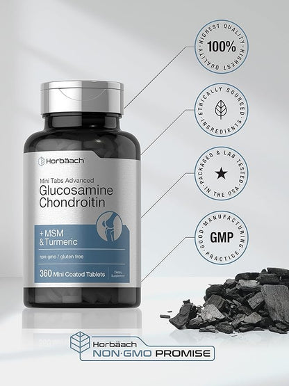 Horbäach Glucosamine Chondroitin MSM Turmeric | 360 Mini Coated Tablets | Advanced Glucosamine Formula | Non-GMO and Gluten Free Supplement