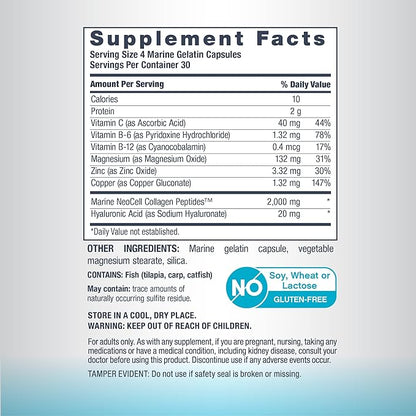 NeoCell Marine Collagen Peptides Capsules | 120 Pills | with Hyaluronic Acid | Plus Vitamin C | for Women and Men