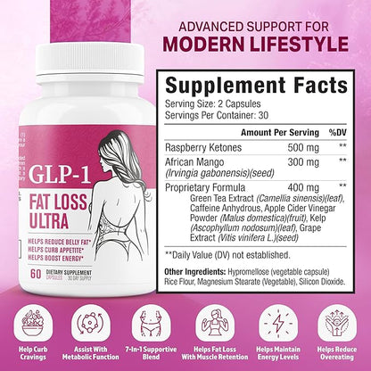 GLP-1 Fat Loss Ultra - Weight Loss Pills, Appetite Suppressant & Fat Burner for Women | Supports Healthy Pathways Associated with GLP-1 Activity | 3rd Party Tested Supplement - 60 Capsules for Adults