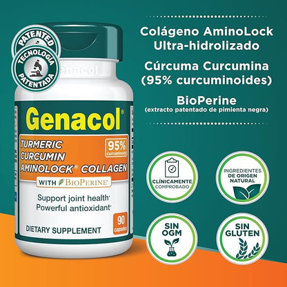 Genacol Turmeric Curcumin, Ultra-Hydrolyzed Collagen Peptides Supplement with Black Pepper Extract (BioPerine), Soothe Your Joints, Enhanced Absorption, 90 Capsules (30-Day Supply)