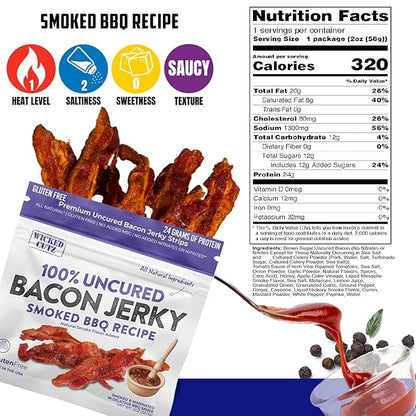 Smoked BBQ Bacon Jerky, 24g Protein Per Bag, Tender & Easy to Chew Fully Cooked Bacon, USA Made High Protein Carnivore Snacks (2 Bags)