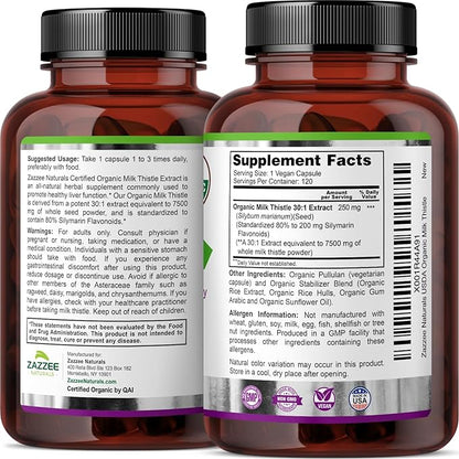 Zazzee USDA Organic Milk Thistle 30:1 Extract, 80% Silymarin, 120 Vegan Capsules, 4 Month Supply, Certified Kosher, High Potency Liver & Antioxidant Support, Silybum Marianum, Non-GMO, Made in the USA
