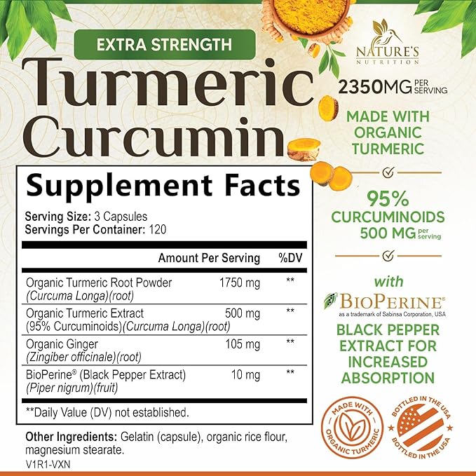 Turmeric Curcumin Supplement 2350mg - 95% Curcuminoids with Organic Turmeric & Ginger, BioPerine Black Pepper for Best Absorption, Nature's Vegan Joint Support, Non-GMO, Bottled in USA - 360 Capsules