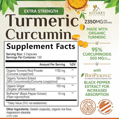 Turmeric Curcumin Supplement 2350mg - 95% Curcuminoids with Organic Turmeric & Ginger, BioPerine Black Pepper for Best Absorption, Nature's Vegan Joint Support, Non-GMO, Bottled in USA - 360 Capsules