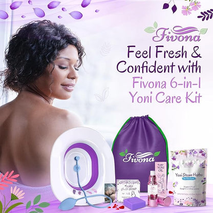 FIVONA Yoni Care Kit 6 in 1 - pH Balanced Natural Yoni Oil, Herbal Soap Bar for Feminine Wash, Detox V Steam Herbs Blue Moon, Foldable Sitz Bath Steam Pot, Hand Flusher and Drawstring Storage Bag