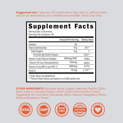 ADK Gummies Vitamin D3 K2 (60 Sugar Free Gummies) Vitamin D3 K2 10000iu/ 5000iu - Supplement with D & K - 10 Vegan Supplement - Delicious Raspberry Flavor - Non GMO & USA Made - 60 Count
