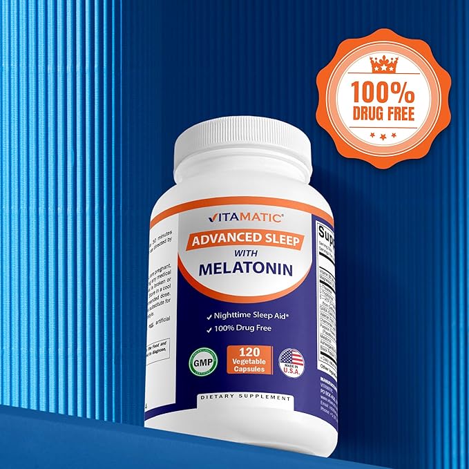 Vitamatic Advanced Sleep Aid with Melatonin - 120 Vegetable Capsules Made with B6, Magnesium, L-Theanine, L-Tryptophan, 5-HTP, GABA, Valerian, Chamomile, Passion Flower, Ashwagandha & Black Pepper