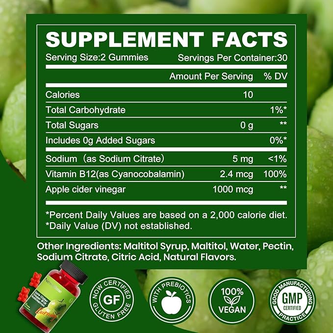 Montue NEWELLME Apple Cider Vinegar Gummies B12 Multivitamin,ACV Supplement Gummy Vitamins,Non GMO, Vegetarian Supplement for Women & Men,Support Normal Energy Levels & Gut Health 60 Gummies (60)