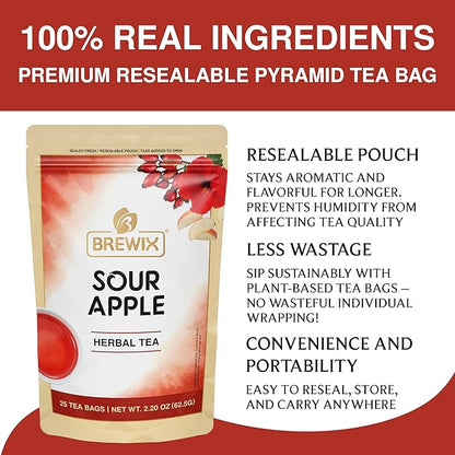 BREWIX, Sour Apple Hibiscus Tea Bags (25 Pyramid Tea Bags) Caffeine-Free Herbal Tea | Apple, Hibiscus, Rosehip | Refreshing Wellness Brew for Any Mood | Hot or Iced Refreshment