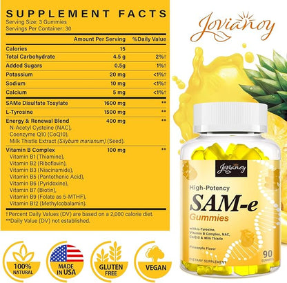 Jovianoy SAM-e Gummies with L-Tyrosine, Vitamin B Complex & NAC, CoQ10, High-Potency SAM-e Supplement - Pineapple Flavor, for Mood, Joint, Cognitive & Liver Detox, Vegan Friendly, 180 Gummies