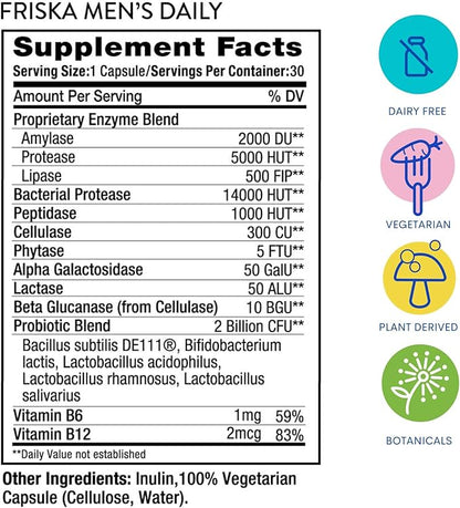 Friska Men’s Daily Gut Support - Digestive Enzymes, Probiotics to Help Break Down Foods, Supports Energy & Nutrient Absorption with Vitamins B6 & B12, 90 Capsules