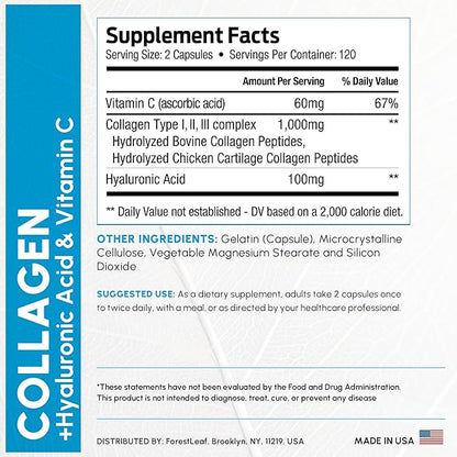 ForestLeaf Multi Collagen Pills - Collagen Men & Collagen Women - Hydrolyzed Collagen Supplements with Vitamin C & Hyaluronic Acid - Collagen Capsules for Hair, Skin & Nails (240 Peptide Capsules)